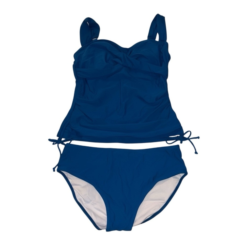 B2PRITY Blue Tankini Swim S L Ruched Adjustable Side Tie Two Piece Swimwear NWT